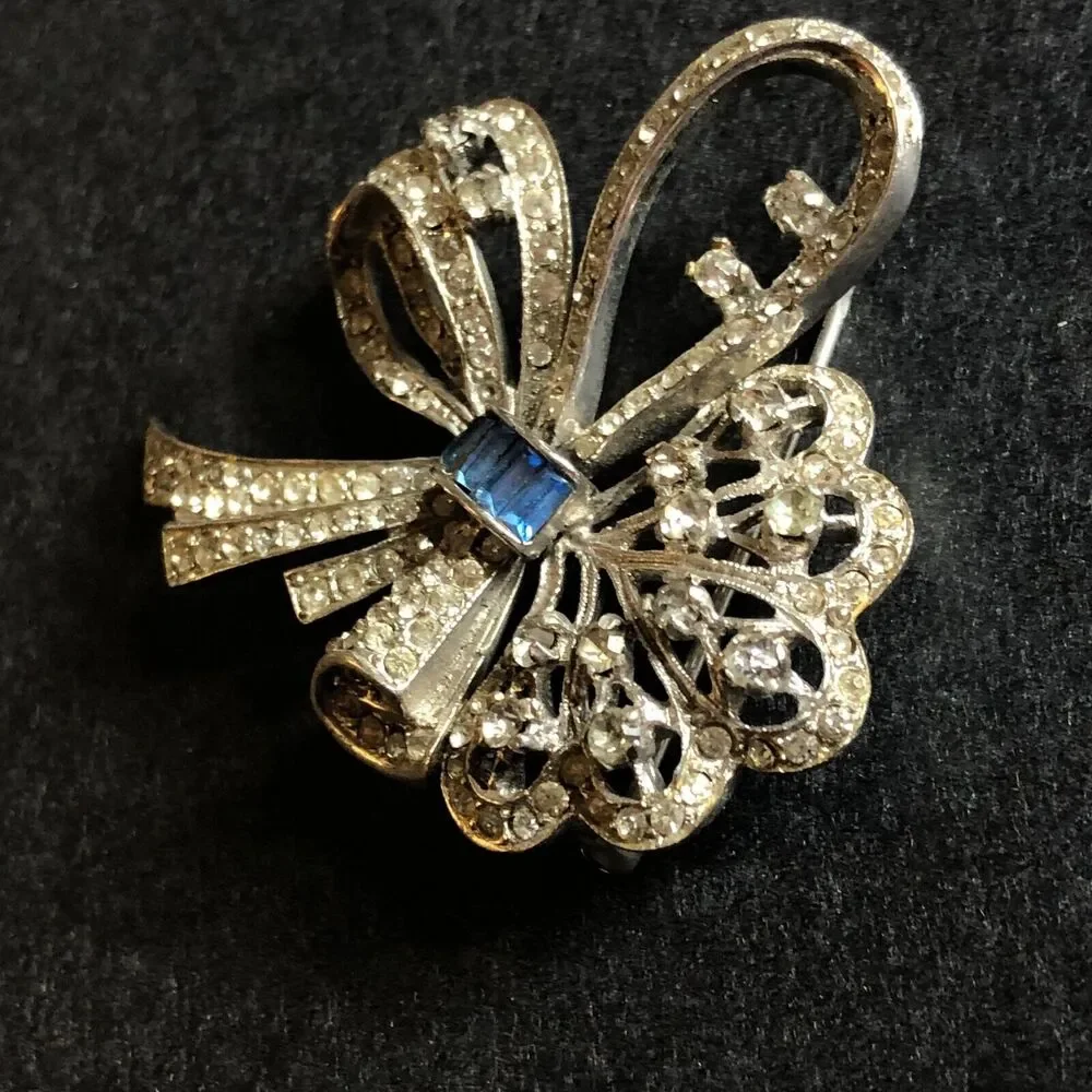Sterling Silver Bow Brooch Sonia Lee 1940s Art Deco Rhinestone White Blue Vtg